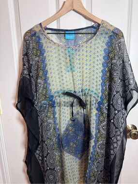 Cleopatra Blue, Yellow & Black Paisley Sheer Caftan with Drawstring NWT Cover Up